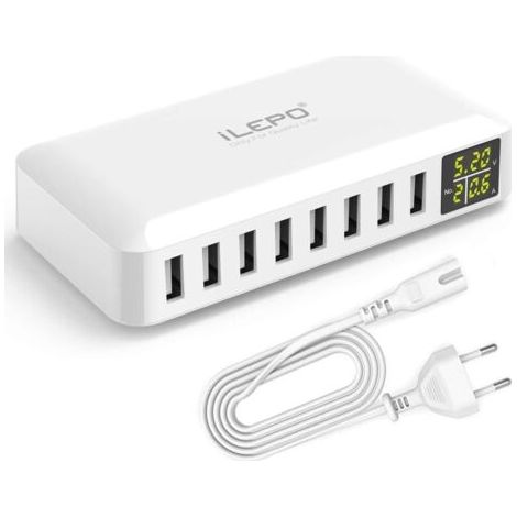 Chargeur USB 5V8A 8 ports – Affichage LCD – Station de recharge intelligente – Protection surcharge et surchauffe – Compatible iPhone, Samsung, Android