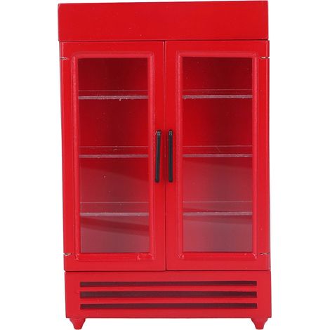 Mini réfrigérateur en bois rouge pour maison de poupée 1:12, portable et réaliste, simulation de frigo miniature élégant. (1/5)
