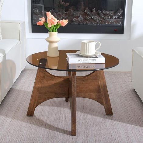 Round Coffee Table Tempered Glass Solid Wood Walnut Contemporary Design Cross-Shaped Table Legs 60 x 60 x 43 cm Large Size (1/5)