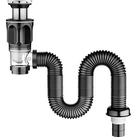 Bonde d'évier avec trop-plein et siphon flexible, noire, pour cuisine et salle de bain (1/5)