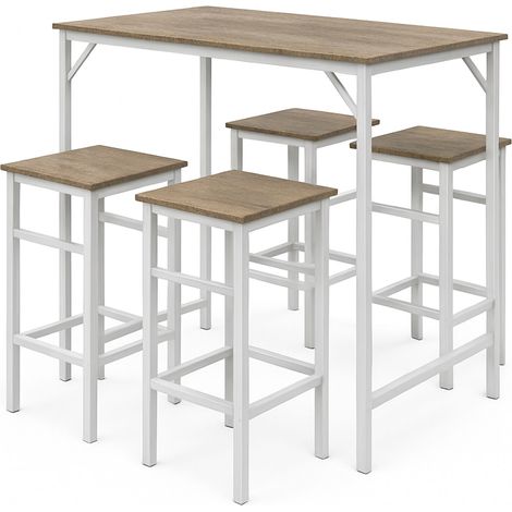 Sabi - Bartisch mit 4 quadratischen Hockern im Industrial-Eichen-Stil, Frühstückseck-Set
