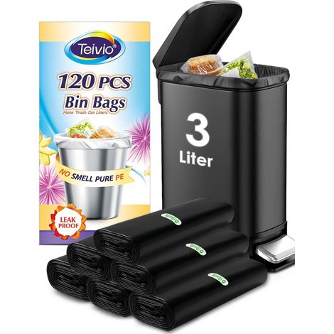 Sacs Poubelle 3 litres, 120 points, Mini Sacs Poubelles Noires, pour salle de bain, cuisine, bureau, convient pour la salle de bain, la cuisine, le bureau, convient pour 3 l (1/5)