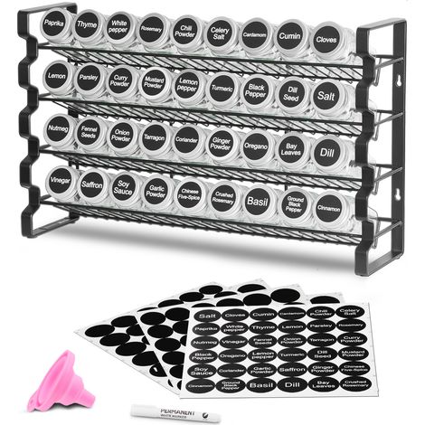 VEVOR 4-stöckiges Gewürzregal Gewürzhalter mit 36 leeren Gewürzgläser & Gestell & Gewürzetiketten & Trichter-Komplettset, Gewürz-Organizer für Küchen Schrank Speisekammer (463 x 118 x 282 mm) (1/5)