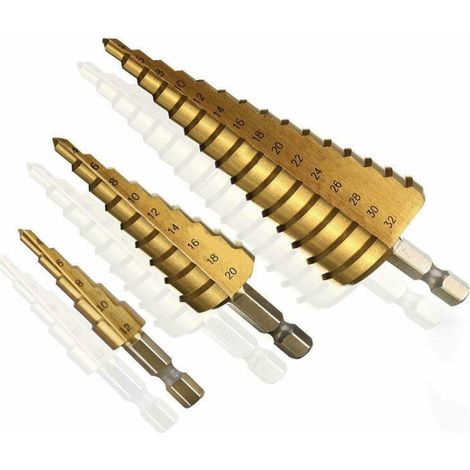KIT 3 PZ FRESE PUNTE CONICHE GRADINO 4-32mm SCALINO CONICA FRESA ALLARGAFORI 857