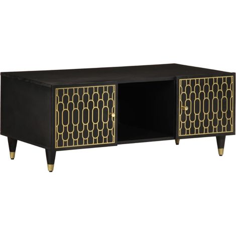Table basse de salon avec motif sculpté à la main design tropical 100 x 54 x 40 cm bois de manguier massif noir et fer DEC036944