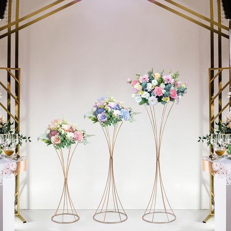 Lot de 3 supports de fleurs dorés pour mariage - En forme de sablier unique - Décoration d'intérieur pour salon, chambre à coucher, fête, banquet (1/5)