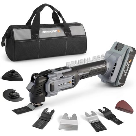 WORKPROX Outil Multifonction Oscillant 20V sans Fil sans Balais 6 Vitesses 5000-19000 OPM, Angle 3,6°, Batterie 2,0Ah, 22 Accessoires, Sac de Rangement, Coupe, Ponçage, Grattage (1/5)