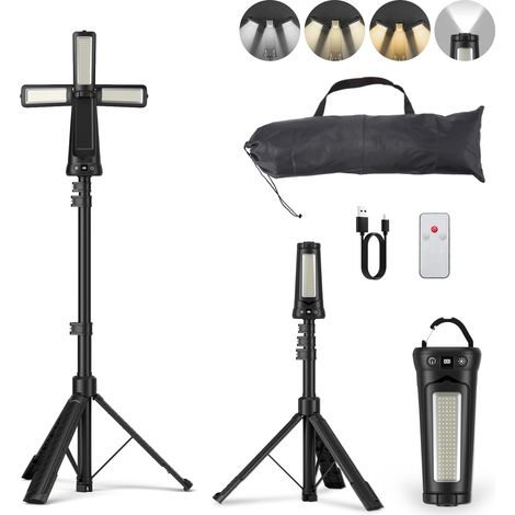 Lampe de travail solaire avec trépied, lumens élevés, 3 + 1 têtes d'éclairage, rotation à 270°, télécommande, plusieurs modes de charge (solaire/USB-C), batterie externe, pour camping (1/5)