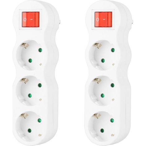 ACKERMAN - Lot de 2 Multiprise Murale 3 Prises Schuko avec Interrupteur, Adaptateur Secteur 3 en 1 Sans Fil, Prise Multiple 16A 3500W 230V, Bloc Prise Compact pour Bureau et Voyage, Blanc (1/5)