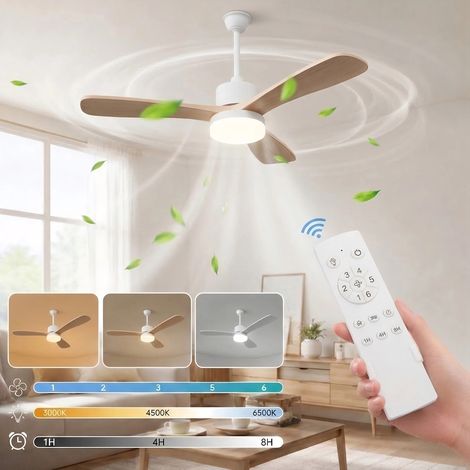 ADWOLT Ventilateur de plafond avec Lumiere -42"(107 cm)-3 pales en bois-Télécommande,Dimmable, Silencieux,6 Vitesses, Minuterie, Silencieux (1/5)
