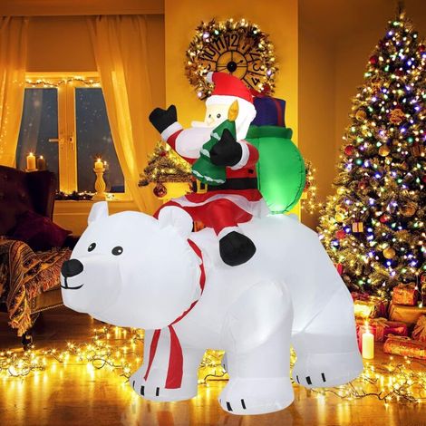 COSTWAY 2M Père Noël Gonflable sur l'Ours Polaire Blanc Tête Oscillante avec Ventilateur et Lumière LED Décoration de Noël Gonflable