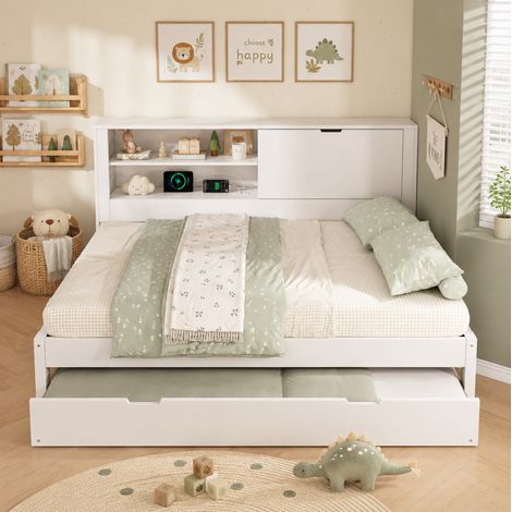 Canapé-lit double 140x190 cm en bois blanc avec rangement, pour chambre, sans matelas – MEUBLIV (1/5)