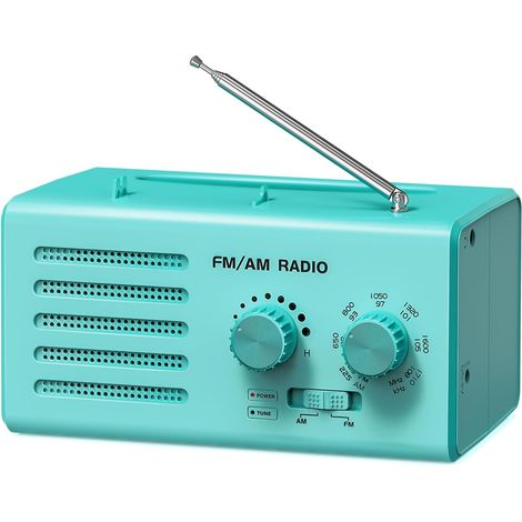Radio portátil AM/FM, altavoz incorporado, conector para auriculares, compatible con alimentación USB, color verde. (1/5)