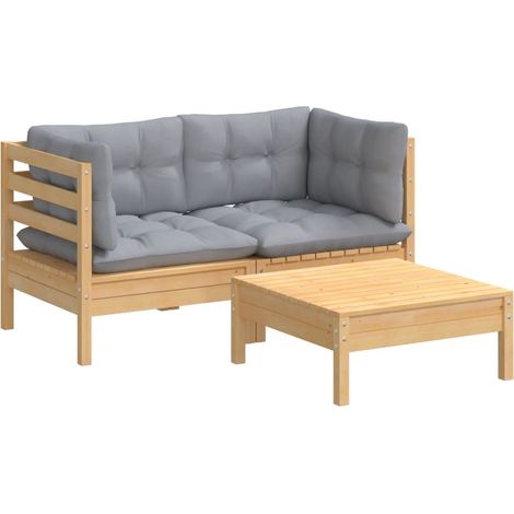 Mobili da giardino mobili da esterno Set di mobili da 3 pezzi con cuscini grigi in legno di pino 020015963