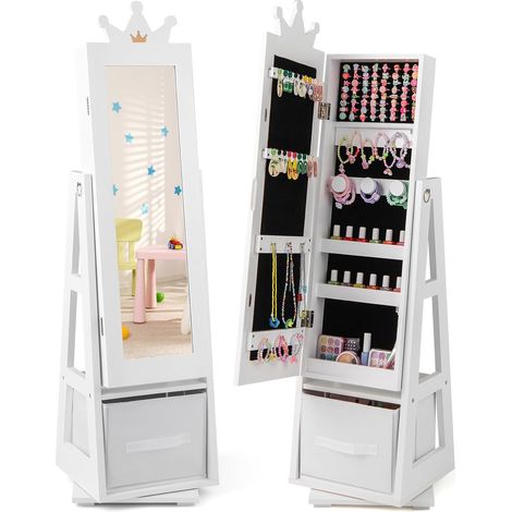 GOPLUS Armoire a Bijoux Enfant Fille, 3 en 1 Armoire à Bijoux avec Miroir sur Pied, Organiseur de Bijoux Pivotante avec Tiroir Pliable, Anti-Basculement, Meuble pour Chambre d'enfant (Blanc) (1/5)