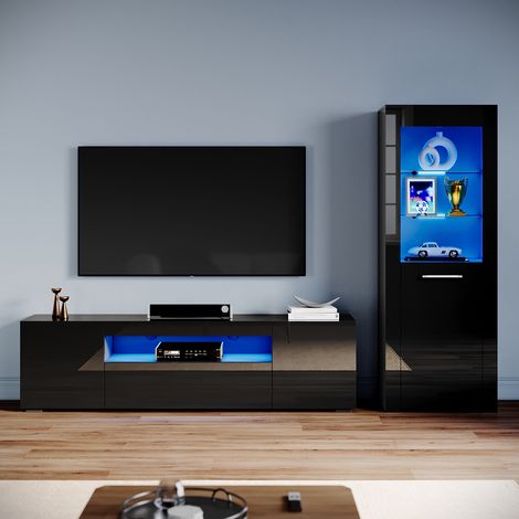 ELEGANT Living Room Set Modern High Gloss Fronts with LED Light, 1800mm TV Stand, Display Cabinet with Glass Shelf Bookcase, Black (1/5)