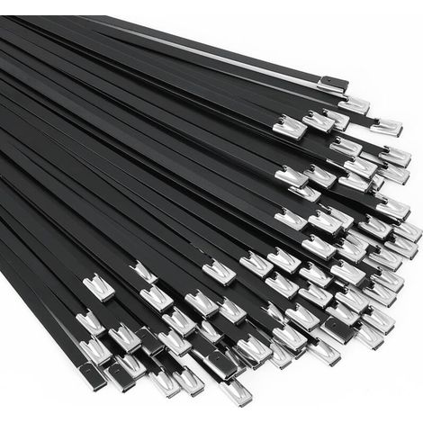 Schwarze Kabelbinder aus Metall, 100 Stück, 30 cm (11,8 Zoll), Edelstahl 304, epoxidbeschichtet, Mehrzweck-Kabelbinder mit Selbstverriegelung