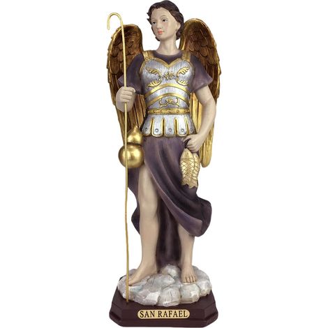 Figura religiosa di San Raffaele in resina con dettagli e rilievi in ​​oro