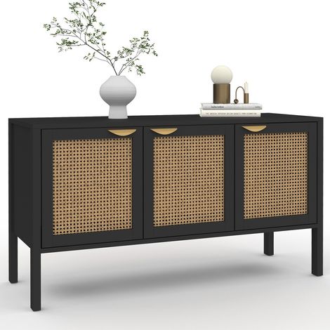 Idmarket – Buffet bas 110 cm – 3 portes en bois noir et cannage – Rangement élégant pour salon ou bureau – Dimensions 110x40x60 cm