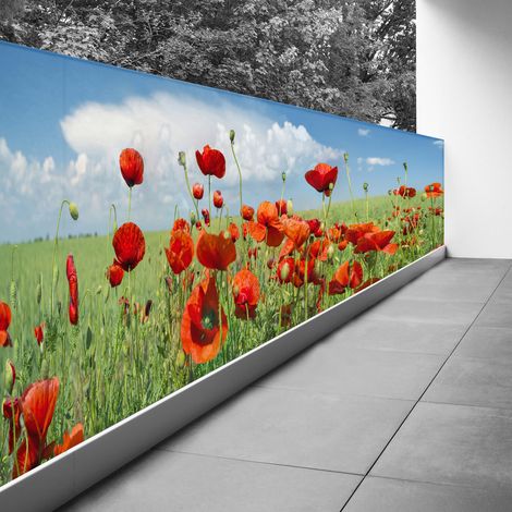 Brise vue Trompe l'oeil - 130x358 cm - Coquelicots - Recto Imprimé / Verso BlancBâche Micro Perforée - 80% d'occultation (1/3)