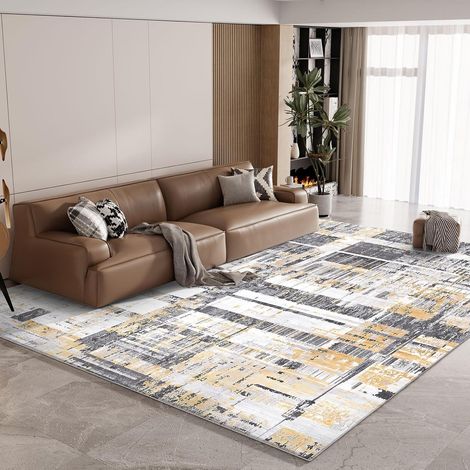 Moderne Gelb Grau Teppich Flauschig Waschbar 200x300 Schlafzimmer Areal Trendy (1/5)