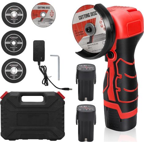 Mini angle grinder - 7000RPM cordless grinder with 2 x 16.8V 2000mAh batteries and grinding disc for cutting polished brick, wood, stone, steel, red (1/5)