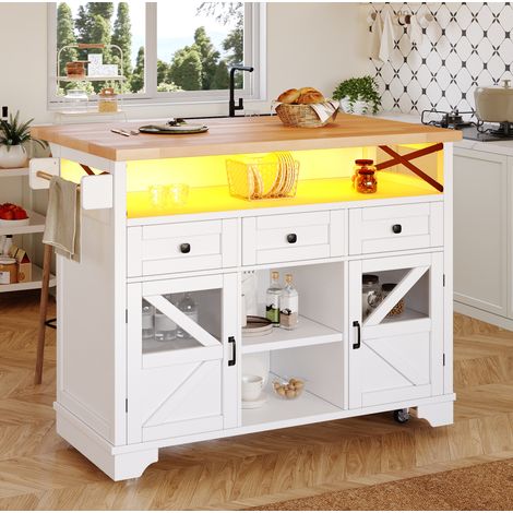 Mueble de cocina móvil con LED App, tablero abatible, blanco DESVIAE (1/5)