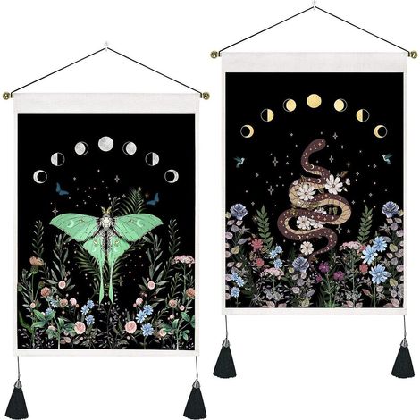 Set aus 2 Wandteppichen: Mondphasen, Blumen, Falter, Schlange