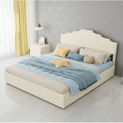 Letto contenitore moderno in tessuto beige 160x200 cm con testiera geometrica imbottita e rete a doghe