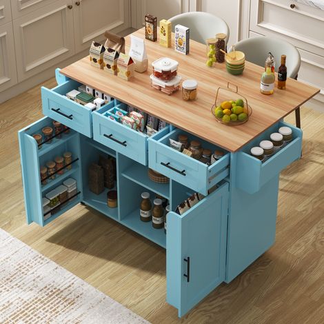 Carro de cocina azul con encimera abatible efecto madera, ruedas y patas de madera, 139 cm (1/5)