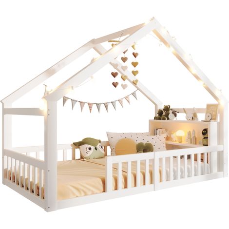 Lit cabane enfant 90 x 190 cm avec barrières, LED décoratives, rangements latéraux et structure en bois, blanc, CHICFURN (1/5)