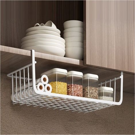 Versatile All Metal Under Shelf Storage Basket, Wire Basket for Kitchen, Office, Pantry, Bookcase L White (1/3)