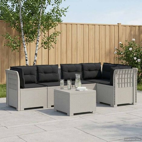 Canapé de Jardin Modulaire 5 Places avec Table Aspect Rotin PP Blanc et Coussins Anthracite - PANGIVO (1/5)
