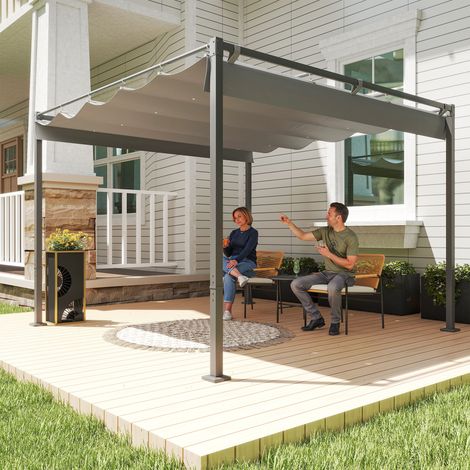 Pergola rétractable coulissante tonnelle de jardin polyester haute densité gris à fixation magnétique tissu 3 x 3 m aménagement intérieur