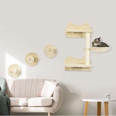 Árbol para gatos de pared 4 piezas con hamaca, rascador y peldaños beige DESVIAE (1/5)