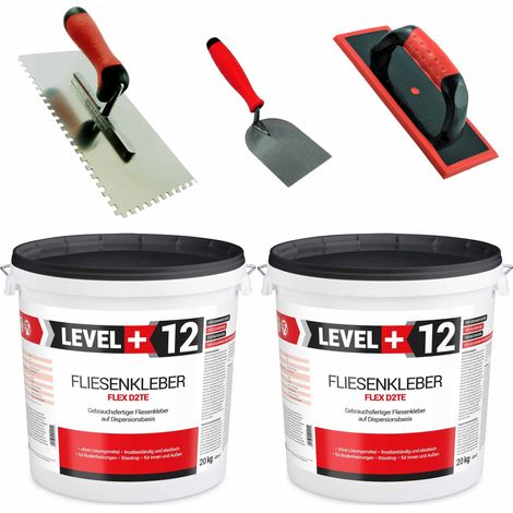 LEVEL+ Fliesenkleber 40Kg + Zahnglätter 6mm + Fugbrett + Spachtelkelle 60mm SET200 (1/2)