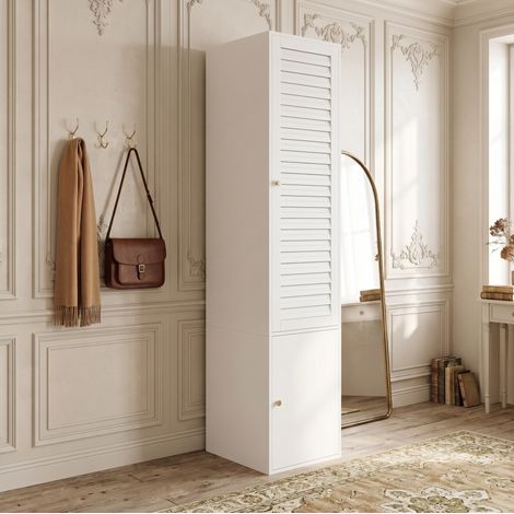 MODFU – Armario 45x50x200 cm con puerta de persiana, ropero y 3 compartimentos de almacenamiento – Blanco (1/5)