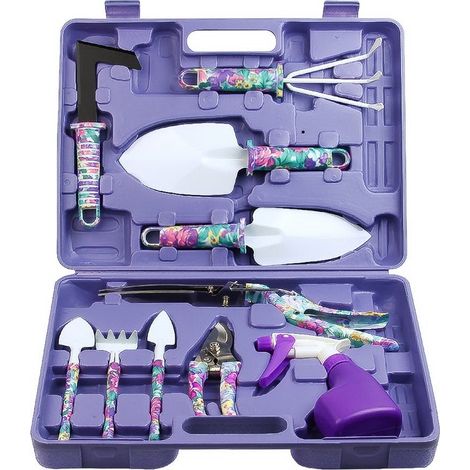 Questo set di attrezzi da giardinaggio da 10 pezzi include utensili con manici ergonomici, una pala, un rastrello, un diserbante, delle cesoie da potatura, un rifilabordi e uno spruzzatore. (1/5)