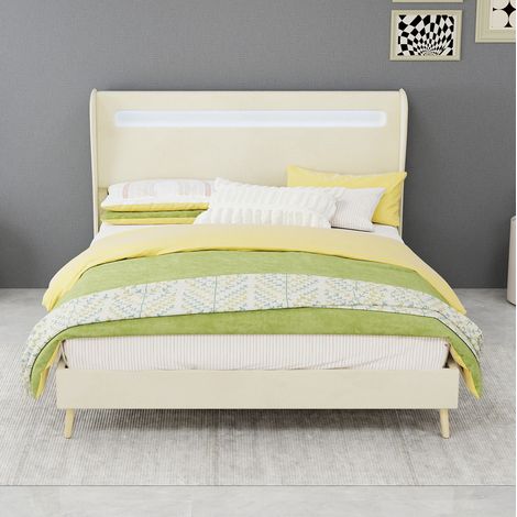 DESVIAE Lit rembourré avec éclairage LED tête de lit réglable 140 x 200 cm beige tissu métal (1/5)