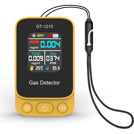 Monitor de calidad del aire 5 en 1, mide CO2, HCHO, COV, temperatura y humedad, medidor de interior recargable por USB-C, indicador de alerta de color amarillo. (1/5)