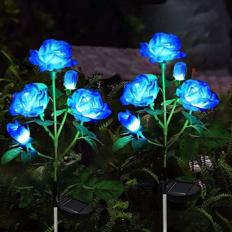 Lumières Solaires de Jardin Décoratives Extérieures, 2 Pièces Lampes solaires Avec 10 fleurs de roses, étanches Lumiere Solaire Exterieu pour jardin, buissons, pelouse, clôtures (bleu)65cm (1/5)
