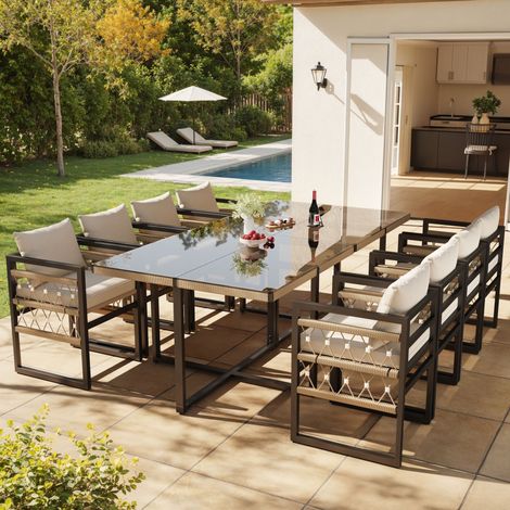 REDOM Salotto da giardino 8 posti 110x110x74 cm, 8 poltrone, 2 tavoli in vetro temperato, cuscini 8 cm, ferro beige e nero (1/5)