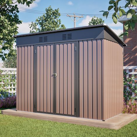 Abri de jardin métal 229x111x182 cm brun avec fondation - Toit plat portes verrouillables aération - Brun (1/5)