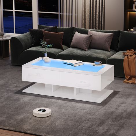 Mesa de centro 100x50x35 cm blanca lacada con 2 cajones, LED y vidrio templado MEUBLIV (1/5)