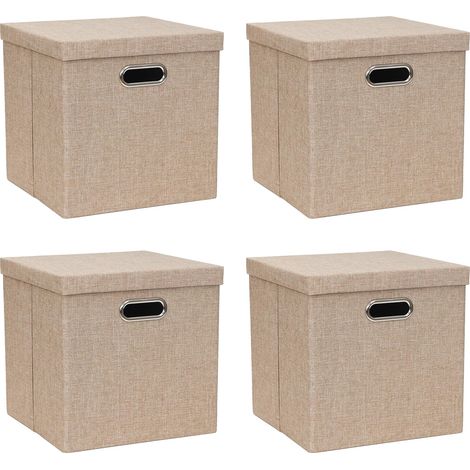 Lot de 4 bacs de rangement avec couvercles, en tissu de lin, avec couvercle, pour placard, étagères, maison, bureau, 30,5 x 30,5 x 30,5 cm, kaki (1/5)