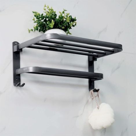 Portasciugamani doppio nero da 40 cm con striscia adesiva, per il bagno, pratico ed elegante (1/4)