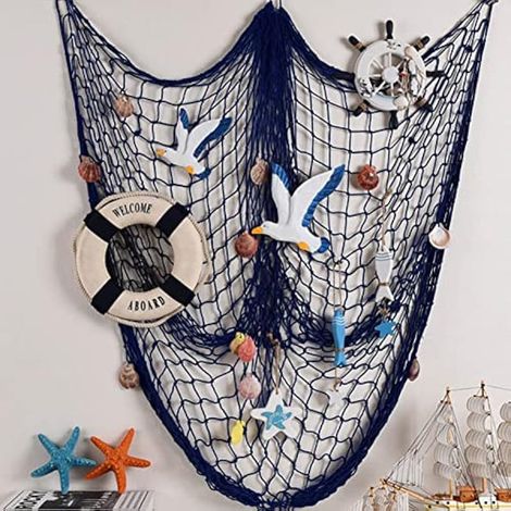 Filet de pêche en corde de chanvre méditerranéenne - Décoration murale - 1 x 2 m - Bleu avec coquillages (1/4)