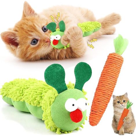 Lot de 2 jouets pour chat en forme de chenille et carotte en sisal, peluches à l'herbe à chat, jouets à mâcher pour stimulation et entretien dentaire (1/5)