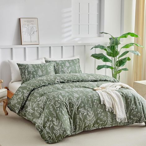 Housse de Couette 220x240 avec 2 Taies d'oreiller 65x65 cm - Motifs Floraux Dessinés à la Main - Parure de lit 220x240 Adulte - 100% Microfibre Parure Couette Fermetures éclair, Vert Foncé (1/5)
