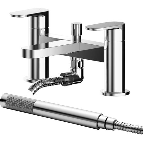 Balterley Enville Modern Deck Mount Round Bath Shower Mixer Tap with Shower Kit, Flat Spout - Polished Chrome Finish